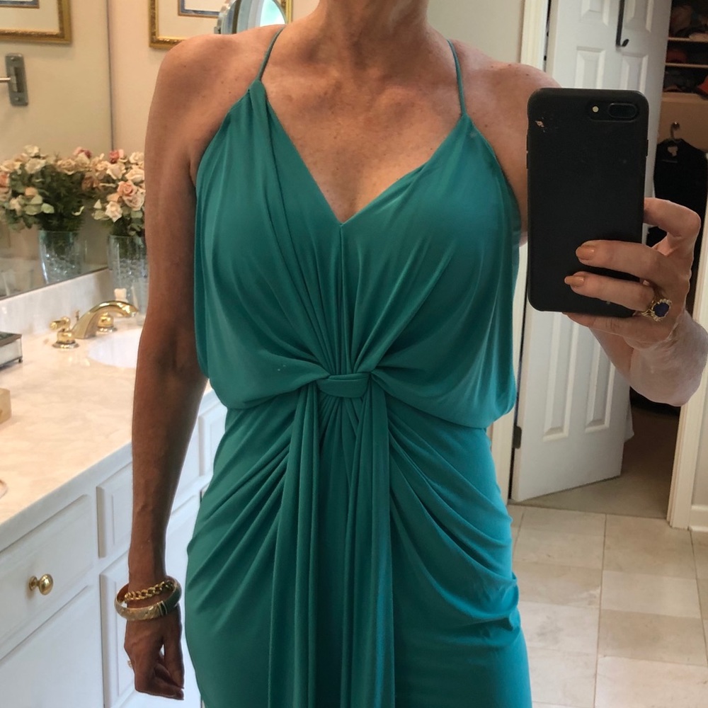 Evening cocktail dress gathered stretch green, SzS - Picture 2 of 7